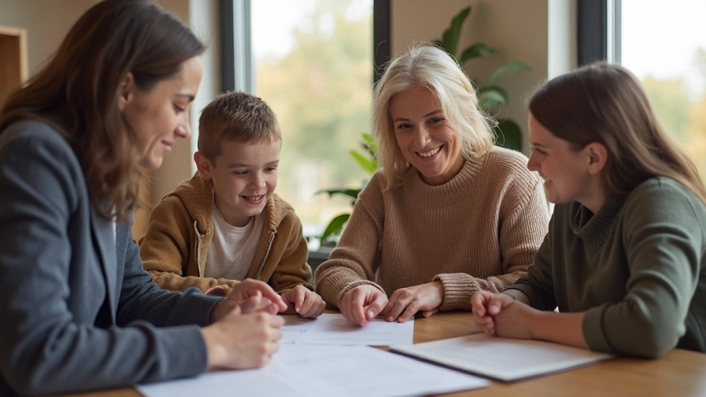 Familj diskuterar juridiska rättigheter med professionell handledare